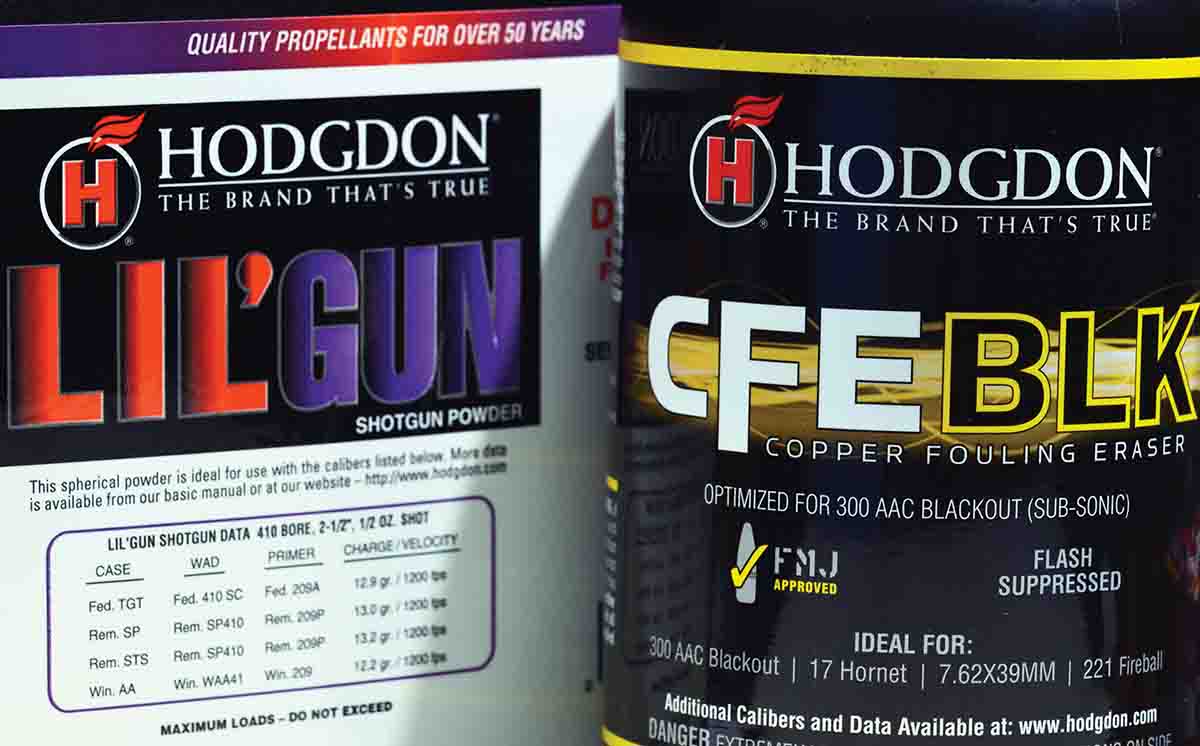 Two newer powders typical of the modern specialist propellant: Lil’Gun was developed specifically for .410 shotshells and small-rifle cartridges like the .22 Hornet, while CFE BLK is tailored to the .300 Blackout.